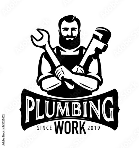 Plumbing work, construction service emblem or logo. Plumber with tools symbol. Vector illustration