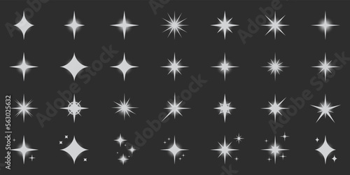Sparkle Silver Star Silhouette Icon Set. Glow Spark Flash Stars Pictogram Collection. Shine Burst Magic Decoration Symbol. Glistering Effect Light. Twinkle Flare. Isolated Vector Illustration