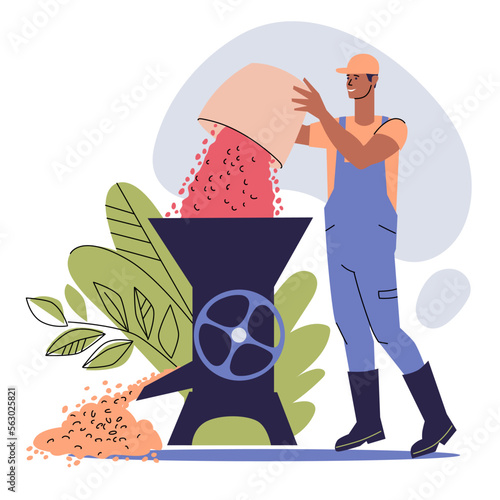 Farmer cleans coffee cherries with a peeler. Concept of cultivation and production of coffee. Dark-skinned man and coffee peeling equipment isolated on white background. Flat style, vector illustratio