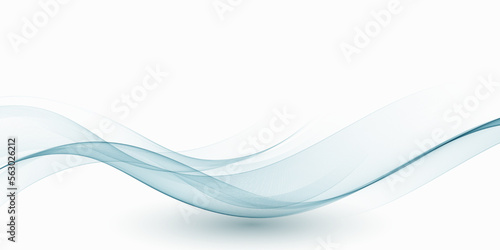 Blue curved lines background, abstract smoky wave flow with shadow on white background.