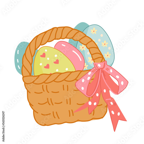 Basket of colored Easter eggs in cute kawaii style, flat vector illustration isolated on white. Hand drawn easter eggs for holiday cards and posters.