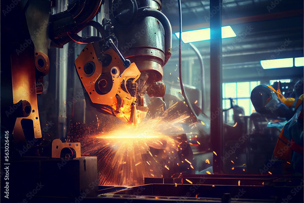 Industrial robots are welding automotive part in factory created with Generative Ai Industrial robots are welding automotive part in factory created with Generative Ai