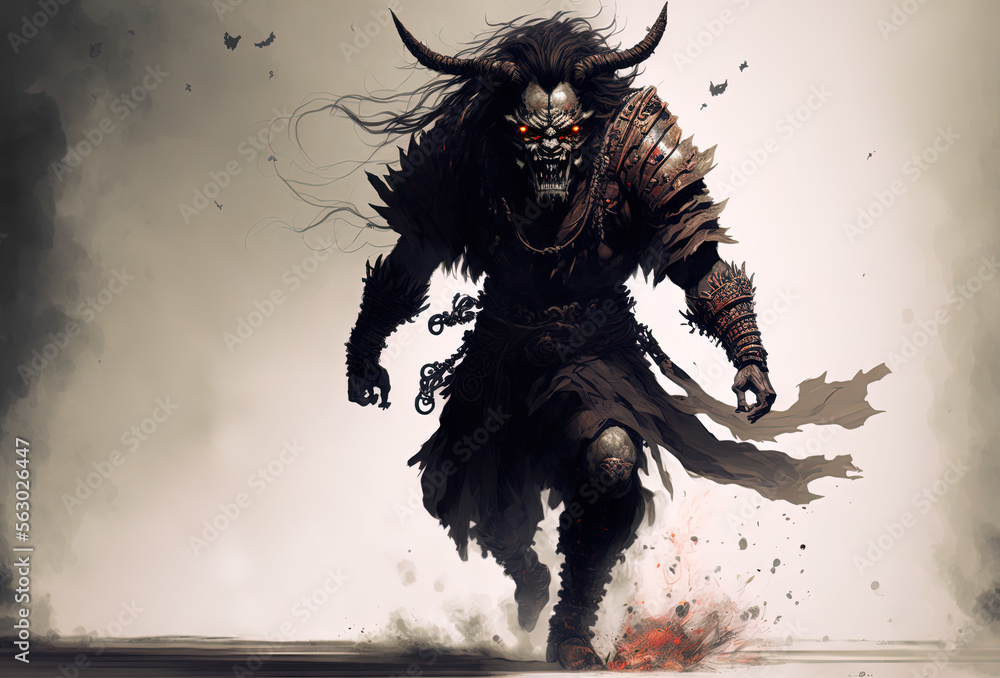 Demon running into a fight. Fantasy demon, game board style, role playing game style. Illustration, generative art
