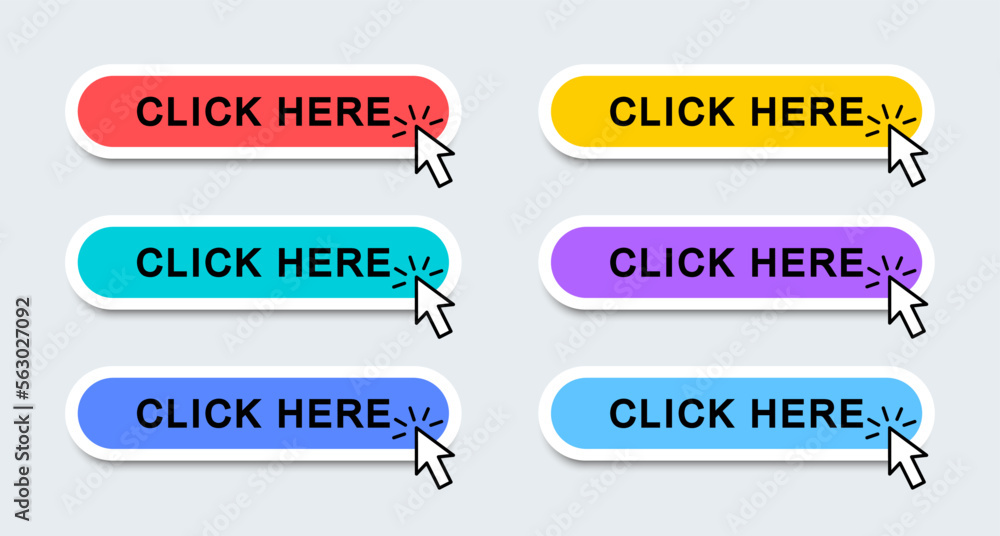 Click here web buttons. Modern buttons click here arrow pointer clicking. Call to Action Button. Vector illustration. - obrazy, fototapety, plakaty 