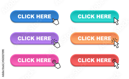 Click here web buttons. Modern buttons click here hand pointer clicking. Call to Action Button. Vector illustration.