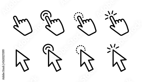 Set of hand pointer icon. Clicking arrow poiner. Computer mouse click cursor. Clicking finger. Click cursor collection. Hand pointer icon. Touch icon. Vector photo