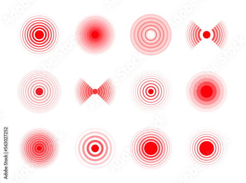 Set of pain red circles. Red rings. Pain place, localization sign and pain spots. Throbbing pain symbol on the body and joints. Vector