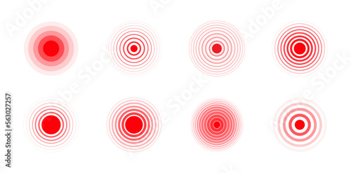 Set of pain red circles. Red rings. Pain place, localization sign and pain spots. Throbbing pain symbol on the body and joints. Vector