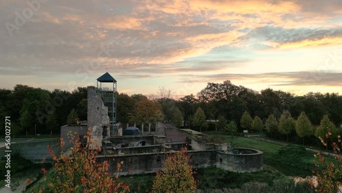 Aerial drone view at sunset of the ruin Kasteel Huys ter Horst in Kasteelse bossen in the Netherlands, Limburg, Horst photo