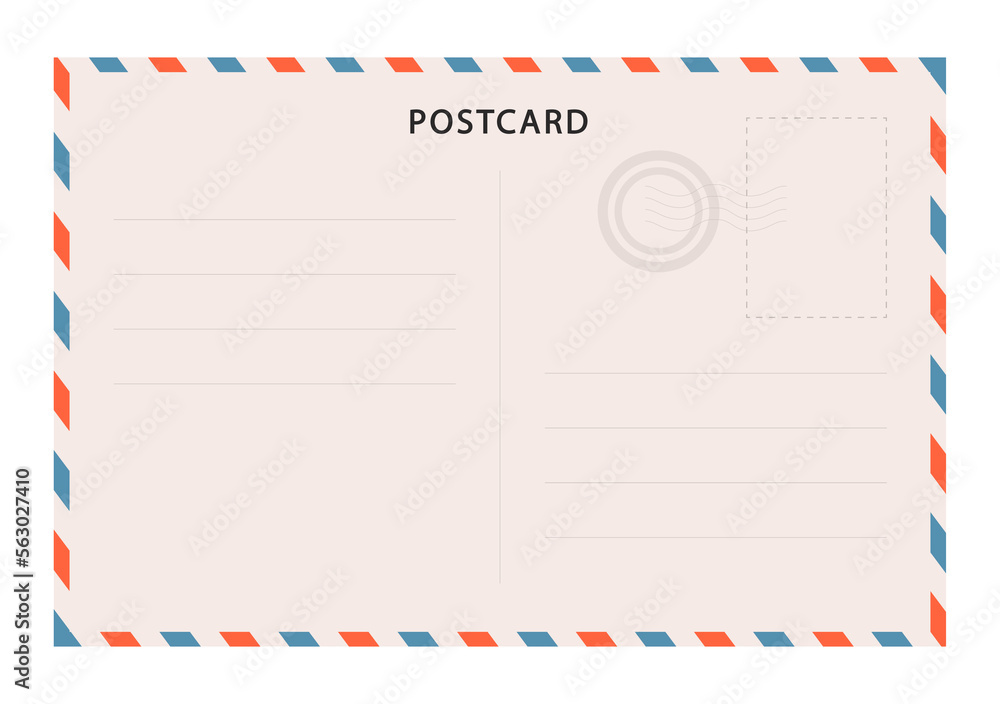 Vintage postcard vector template. Blank travel postcard. Post card frame.  Retro mail envelope with stamp. Stock Vector