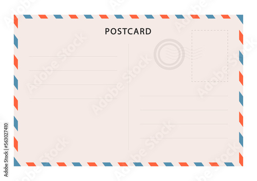 Vintage postcard vector template. Blank travel postcard. Post card frame. Retro mail envelope with stamp.