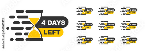 Number of days left. Countdown days banners. Days to go for sale. Days Left Badges. Vector illustration.