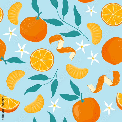 Seamless pattern with orange mandarin and green leaves 