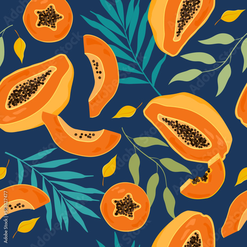 Papaya seamless pattern for print, textile, fabric. Modern hand drawn stylize...