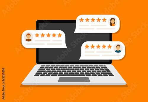 Laptop with user reviews and star rating. Feedback customers with rate. Bubble, message and comment in social media. Vector Illustrations.