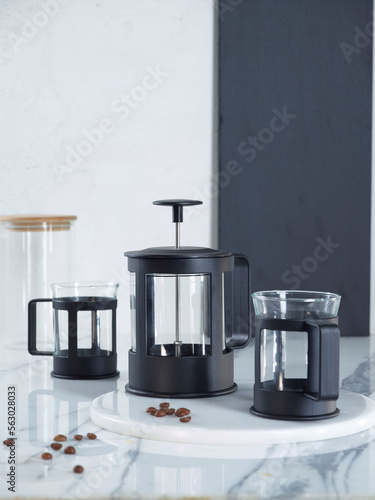 coffee or tea making with French press and cups