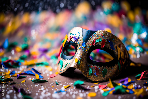 Colorful confetti fallen from wine glass with carnival mask 