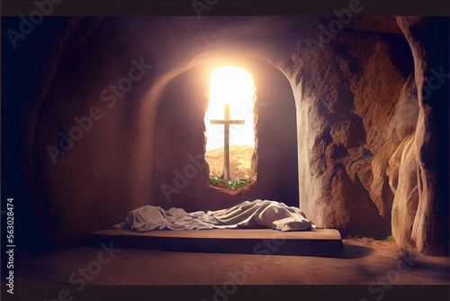 Tomb Empty And Crucifixion At Sunrise. Resurrection Of Jesus Christ. He is Risen, Generated ai