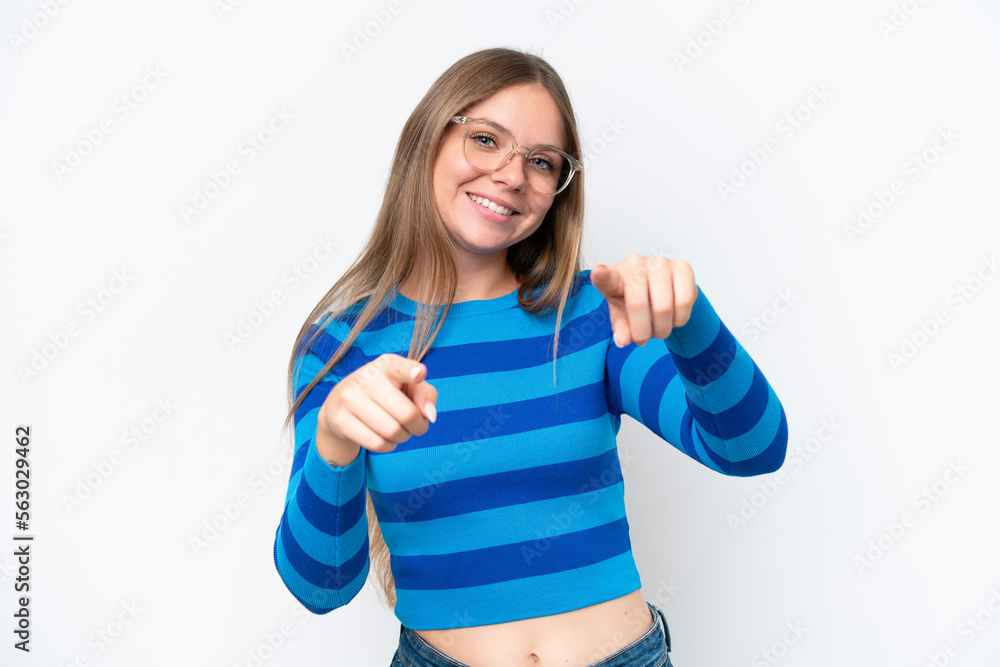 Young beautiful blonde woman isolated on white background pointing front with happy expression Young beautiful blonde woman isolated on white background pointing front with happy expression