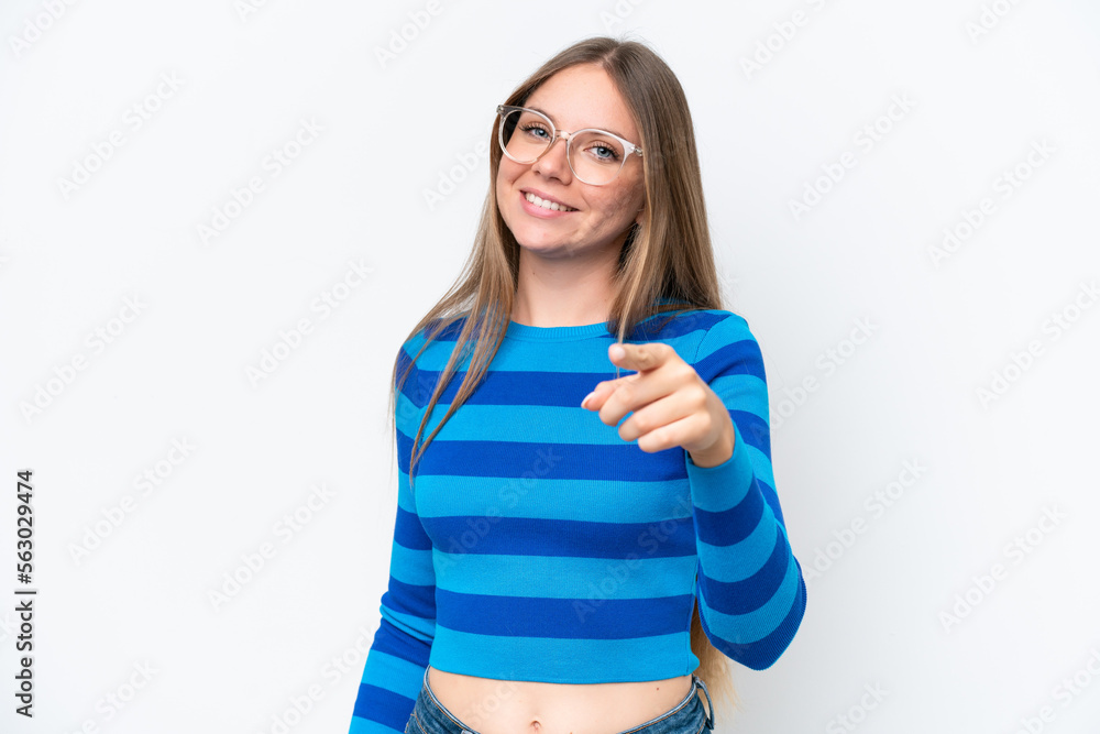 Young beautiful blonde woman isolated on white background pointing front with happy expression Young beautiful blonde woman isolated on white background pointing front with happy expression