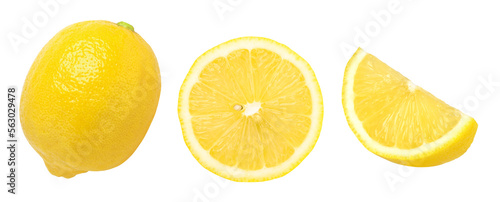 ripe lemon fruit half and slices isolated, Fresh and Juicy Lemon, transparent png, cut out.