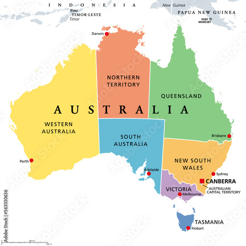 Australia, colored political map, with the capital Canberra, and administrative states and territories in different colors. The Commonwealth of Australia, a sovereign country and continent. Vector.