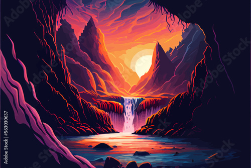 Sunset waterfall landscape illustration vector graphic