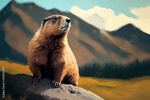jour de la marmotte. illustration d'une marmotte sur un rocher juste après son hibernation - illustration ia photo