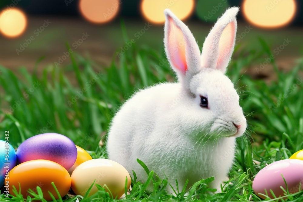 Fototapeta premium photo of cute rabbit bunny next to colored eggs