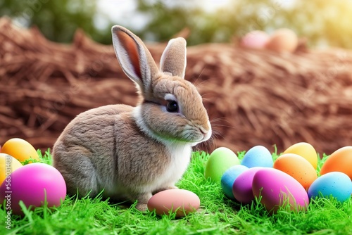 photo of cute rabbit bunny next to colored eggs