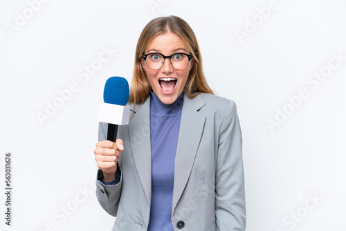 Принти на полотні Young TV presenter caucasian woman isolated on white background with surprise an