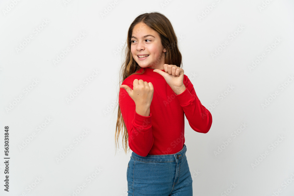 Little girl over isolated white background pointing to the side to present a product Little girl over isolated white background pointing to the side to present a product