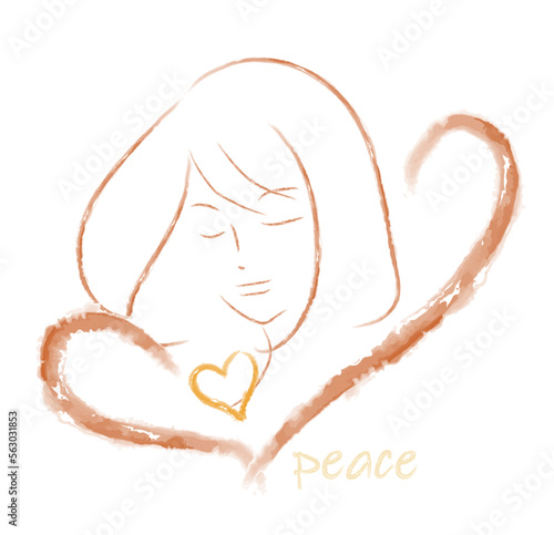 平和を願う女性とハートの線画/peaceの文字　ベクターイラスト　６色展開