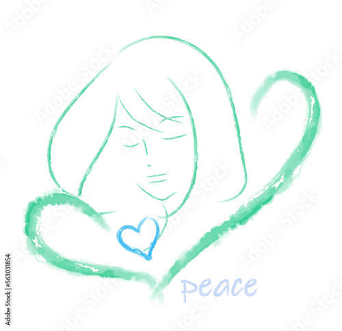 平和を願う女性とハートの線画/peaceの文字　ベクターイラスト　６色展開