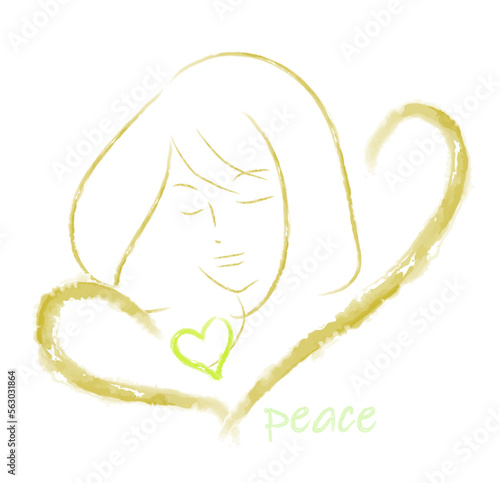 平和を願う女性とハートの線画/peaceの文字　ベクターイラスト　６色展開