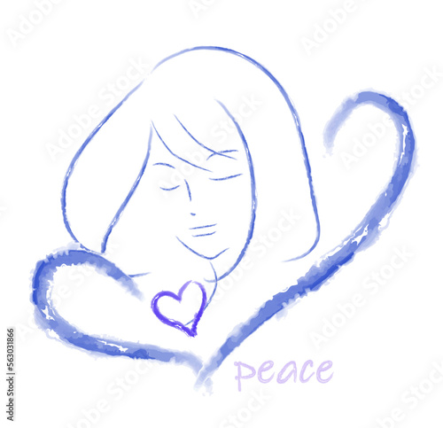 平和を願う女性とハートの線画/peaceの文字　ベクターイラスト　６色展開