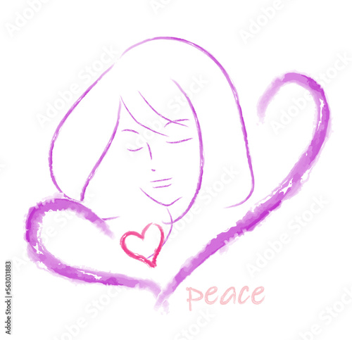 平和を願う女性とハートの線画/peaceの文字　ベクターイラスト　６色展開