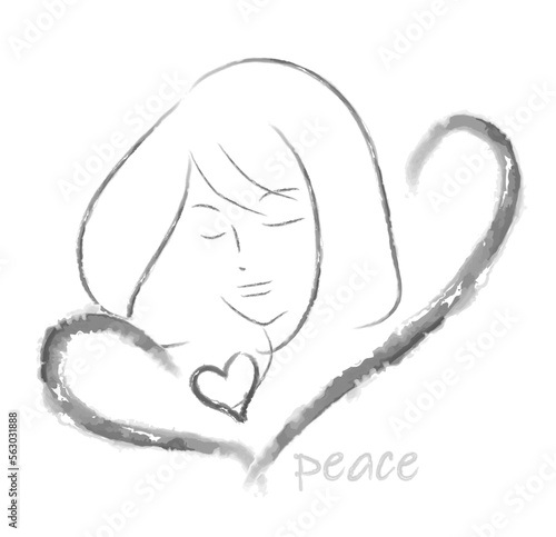 平和を願う女性とハートの線画/peaceの文字　ベクターイラスト　６色展開