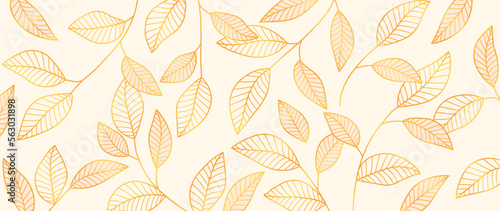 Bright golden botanical abstract wallpaper with leaves and branches. Vector golden leaves, vector art background made by hand. Design for prints, home decoration, fabric and cover design.