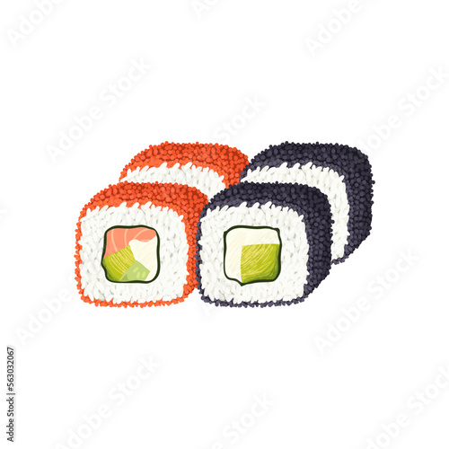 California sushi rolls with avocado, cream cheese and salmon in red and black caviar. Vector clipart.