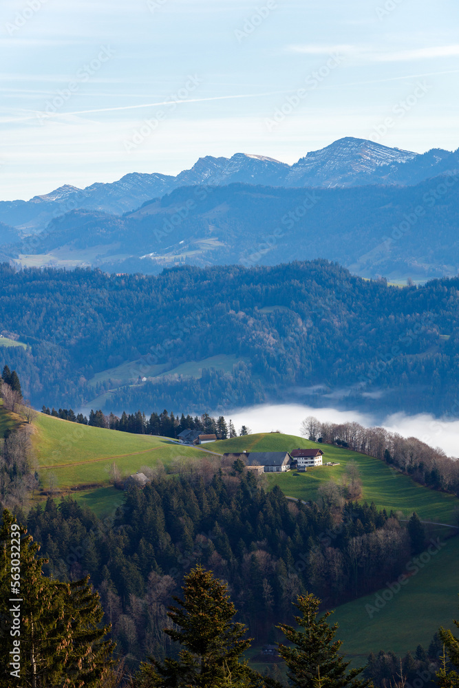 Beautiful landscape of Pfander mountains, Austria. Blue sky and green valley