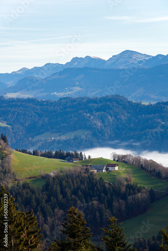 Beautiful landscape of Pfander mountains, Austria. Blue sky and green valley