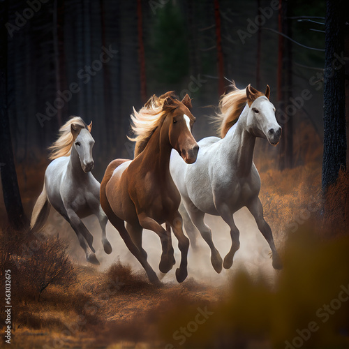 Horses in forest, created with Generative AI technology.