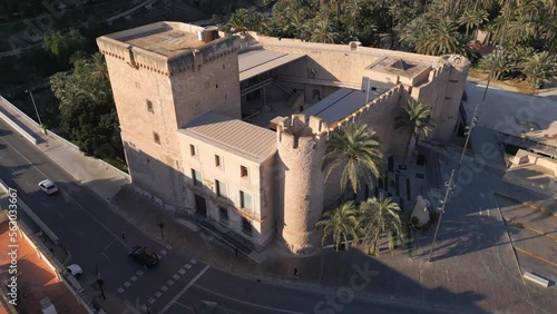 Fly Over the Majestic Palau dels Altamira: A Medieval Castle Tourist Attraction. Altamira Castle, Alcazar de la Señoria, Alicante Elche, Spain. Aerial drone footage, orbit shot