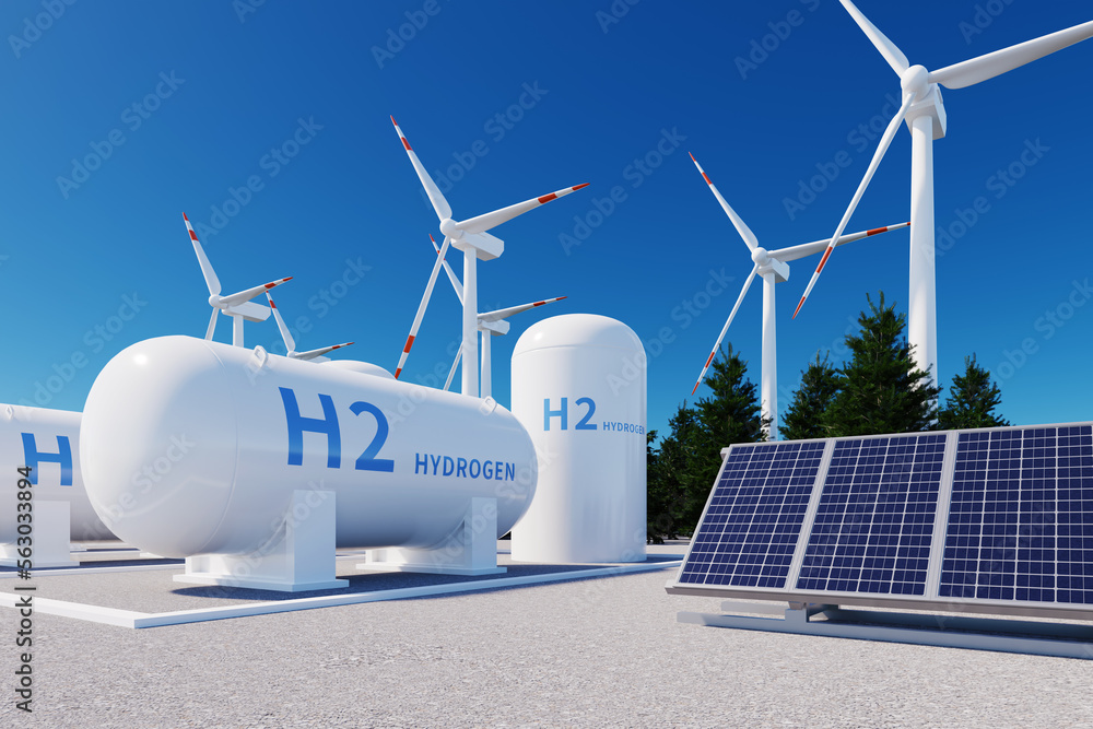 h2 hydrogen tank, solar panels and wind power turbines, 3d rendering - obrazy, fototapety, plakaty 