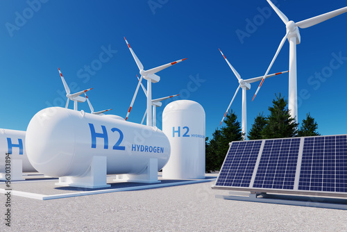 h2 hydrogen tank, solar panels and wind power turbines, 3d rendering photo