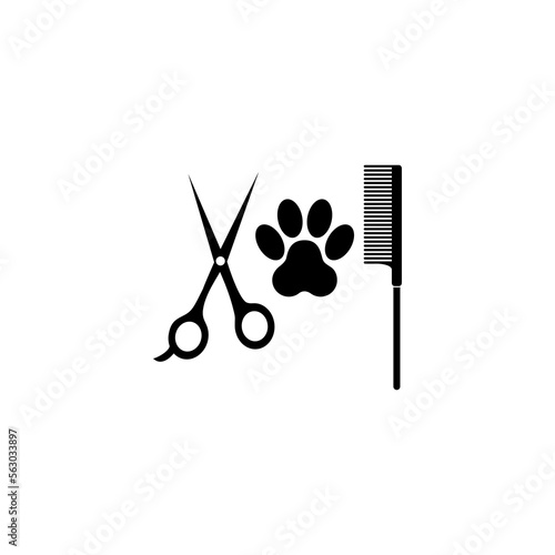 Dog grooming logo design template. Dog paw print with comb and scissors isolated on white background