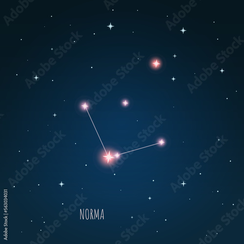 Constellation scheme in starry sky. Open space. Vector illustration Norma constellation through a telescope