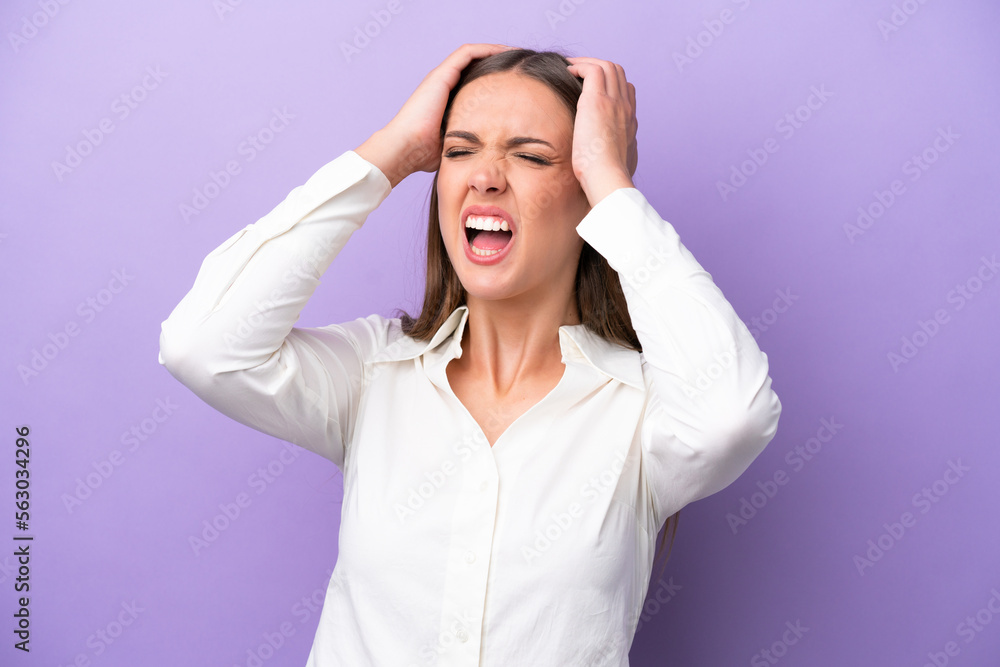 Young caucasian woman isolated on purple background stressed overwhelmed Young caucasian woman isolated on purple background stressed overwhelmed
