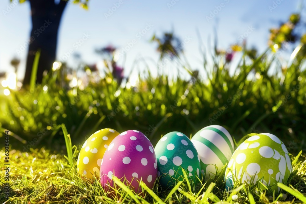 Photo of colored easter eggs laying in grass outside Photo of colored easter eggs laying in grass outside